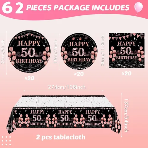 Miniatura 2 de Ryzovo 62 platos y servilletas de papel desechables de 50 cumpleaños, color negro y oro rosa, suministros de fiesta para 20 invitados, incluye 50