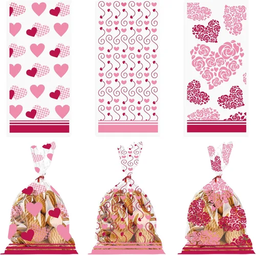 Miniatura 5 de Threetols 150 bolsas de celofán para el día de San Valentín, bolsas de celofán con corazón rojo, bolsas de regalo transparentes de San Valentín, VN