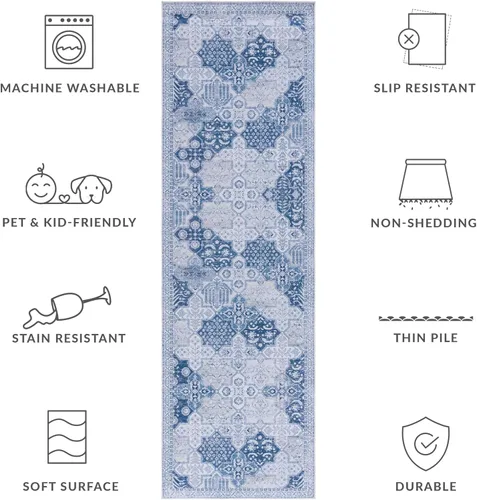 Miniatura 8 de SAFAVIEH Tucson Collection - Alfombra lavable de 2 pies 6 pulgadas x 8 pies, gris y azul marino, antideslizante, ideal para zonas de alto tráfico