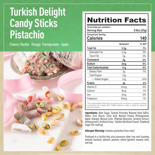 Miniatura 2 de Eastanbul Delicias Turcas, 250g, Palitos de Dulce de Delicias Turcas Rellenos de Pistacho con 4 Sabores: Manzana, Naranja, Granada, Vainilla, Dulce
