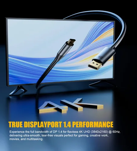 Miniatura 4 de BERLAT Cable USB-C a DisplayPort 1.4 de 6 pies - 4K a 60Hz HDR Compatible con Thunderbolt 5/4/3 Chapado en oro para MacBook Pro/Air, iPhone 16