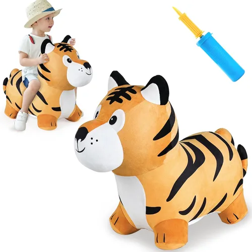 iPlay, iLearn Saltarin Amigos Tigre, Caballo Saltarín para Niños Pequeños, Juguetes de Felpa para Montar y Saltar con Bomba, Jinete Inflable