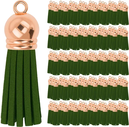 Miniatura 125 de Mandala Crafts 100 borlas de gamuza sintética color aguamarina con tapa dorada, suministros para hacer llaveros a granel, pequeñas borlas de cuero