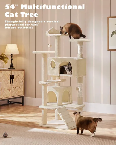 Miniatura 9 de Yaheetech Torre de árbol para gatos de 54 pulgadas, mueble con poste rascador para gatitos, casa de mascotas para jugar Beige