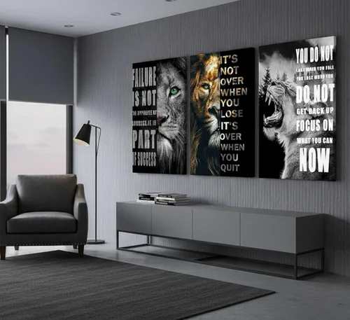 Miniatura 3 de 3 Piezas de Arte de Pared Inspirador para Oficina, Lienzo Moderno con Citas Motivacionales, Imágenes en Blanco y Negro de León, Decoración de Pared