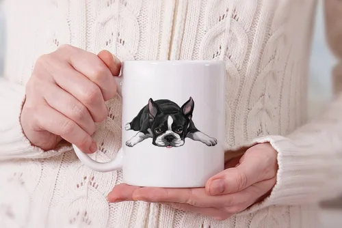 Miniatura 6 de MUGBREW Boston Terrier - Taza de café de cerámica con diseño de perro acostado y mirando hacia arriba, 11 onzas