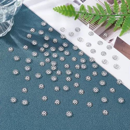 Miniatura 4 de UNICRAFTALE Acerca de 300 tapas de cuentas de flores multipétalos de 0.276 in de acero inoxidable, tapas espaciadoras huecas de metal para pulseras