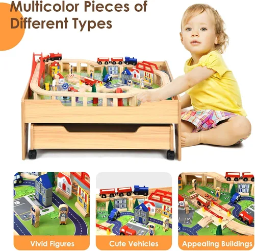 Miniatura 5 de OLAKIDS Mesa de tren, 100 piezas de madera para niños, juego de mesa de actividades con cajón de almacenamiento, pistas de ferrocarril multicolor