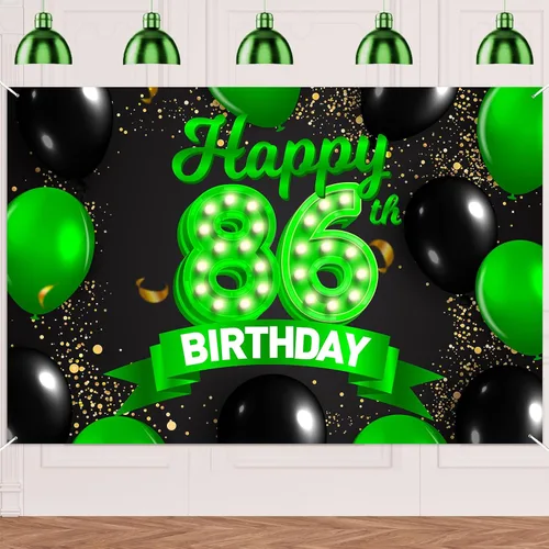Miniatura 93 de Cartel de feliz cumpleaños 26 verde y negro, telón de fondo con texto en inglés "Cheers to 26 years old confeti", globos de confeti, decoración