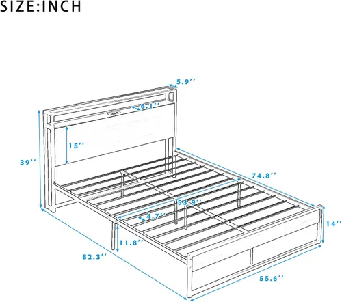 Miniatura 2 de VilroCaz Cama de plataforma de tamaño matrimonial con enchufes y puertos USB, marco de cama de plataforma de metal moderno con cajones, soporte