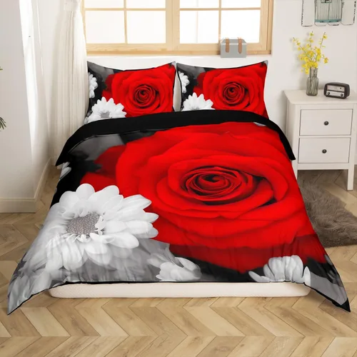 Miniatura 7 de Juego de funda de edredón de rosa roja, tamaño matrimonial, juego de ropa de cama floral color rojo degradado y negro para niñas, mujeres, niños