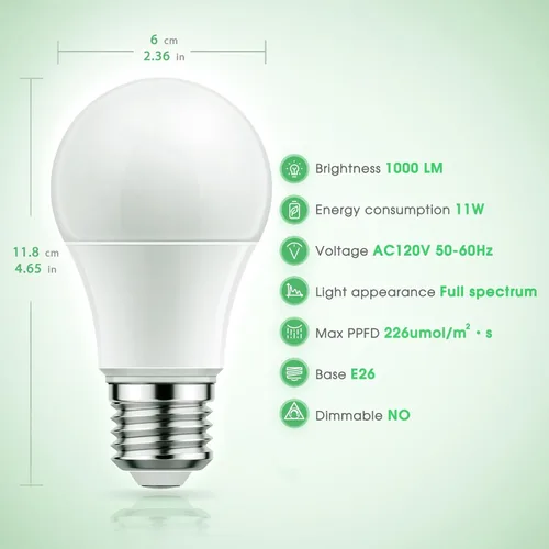 Miniatura 5 de Bombillas de cultivo Briignite LED A19, bombilla de crecimiento de espectro completo, base E26, bombilla de cultivo de 11 W, equivalente a 100 W