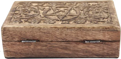 Miniatura 7 de DharmaObjects Caja de almacenamiento de madera tallada a mano para joyería (Triple Moon, grande)