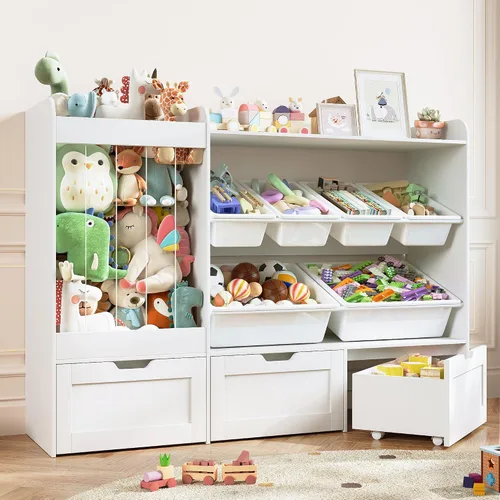 Miniatura 7 de Almacenamiento grande de juguetes de 50.6 pulgadas de ancho, estante organizador de juguetes para niños con zoológico de animales de peluche, 6