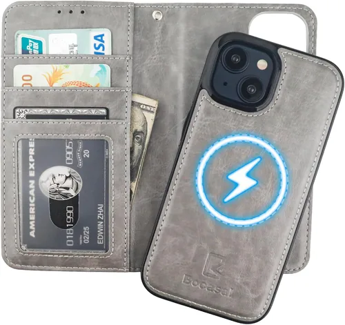 Miniatura 20 de Bocasal Funda tipo cartera desmontable para iPhone 15 con bloqueo RFID, ranuras para tarjetas, soporte de cuero PU premium, soporte magnético tipo