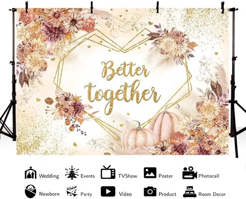 Miniatura 3 de MEHOFOND Fondo de boda de otoño de 7 x 5 pies, diseño de calabaza, bohemio, floral, para fotografía de boda, corazón, geométrico, puntos dorados