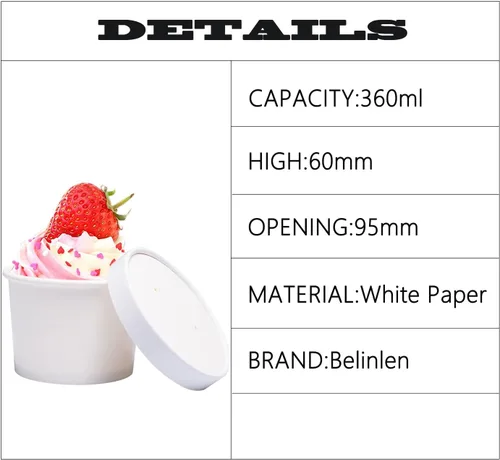 Miniatura 2 de Juego de 50 tazas desechables de helado blanco de 12 onzas con tapa, tazas de papel para llevar, taza de papel para llevar, recipiente de comida