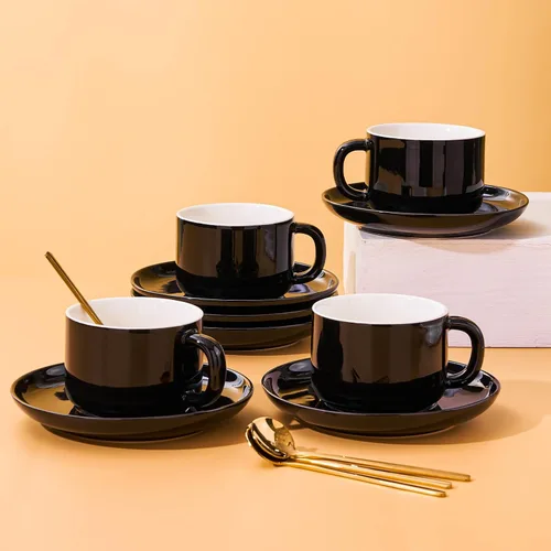 Miniatura 2 de Juego de 4 tazas de capuchino de 8 onzas, tazas de té con platillos y cucharas, tazas de té de cerámica negra, tazas de café para té, capuchino