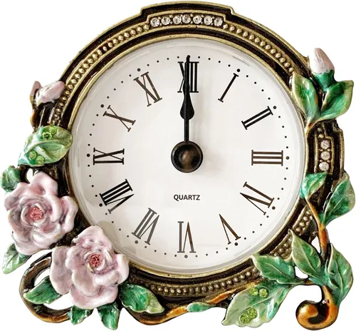 Miniatura 7 de Silent Mini Reloj de Mesa Analógico Vintage con Cuerpo de Metal con Perlas Sintéticas y Núcleo Sin Tictac Operado por Batería para Estante