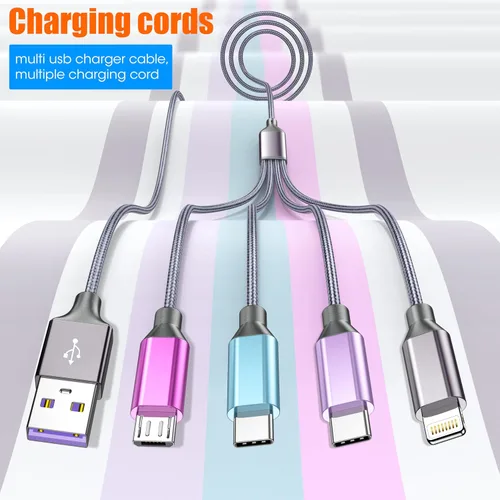 Miniatura 5 de Doub Tyep-C 4 en 1 cable de carga múltiple de 4 pies, cable de carga de nailon trenzado Lightning para iPhone, cable de carga universal con tipo C