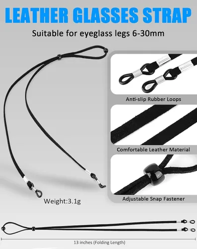 Miniatura 6 de BILIONE Juego de 4 correas deportivas para lentes para hombres, cordón ajustable (cuero/silicona/elástico/cuerda de nailon), soportes alrededor