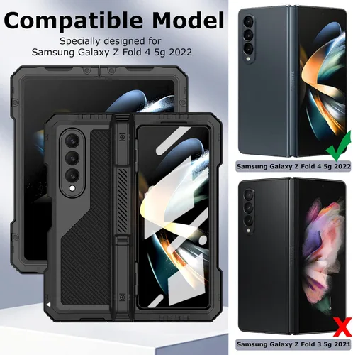 Miniatura 2 de Funda de metal para Samsung Galaxy Z Fold 4 con soporte para bolígrafo S, funda militar resistente Z Fold4 con protector de pantalla integrado, Negro