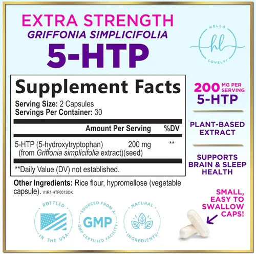 Miniatura 2 de Suplemento 5-HTP de 200 mg – Extra Strength 5HTP de Griffonia Simplicifolia – Apoya el sueño reparador, calma natural y salud cerebral – 5