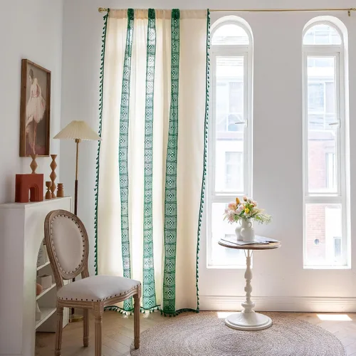 Miniatura 45 de Deeprove Cortinas bohemias para dormitorio, rayas huecas de ganchillo crema y estampado floral, tela de lino de algodón, con borlas beige bohemias