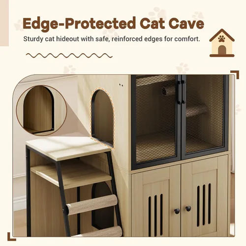 Miniatura 4 de Caja de arena para gatos para 2 gatos y puertas, casa doble para gatos con espacio de almacenamiento, casa de juegos para gatos con hamaca y puerta
