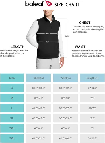 Miniatura 7 de BALEAF Chaleco sin mangas con cremallera de 14 para hombre, suéter térmico con forro polar para golf, bolsillos, senderismo, correr, campamento