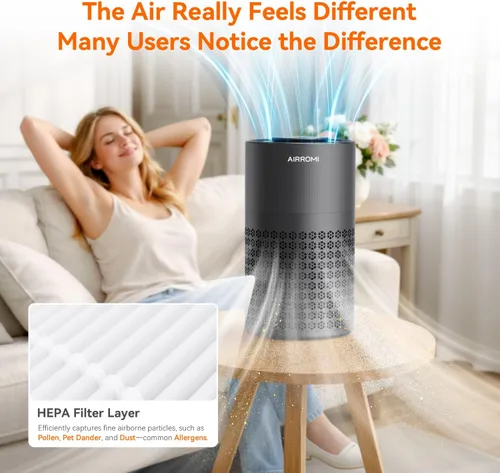 Miniatura 8 de Purificador de aire AIRROMI para dormitorio con filtro HEPA 3-en-1, purificador de aire para mascotas para el olor a orina de gato en el hogar, Negro