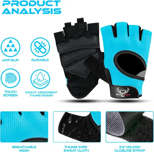 Miniatura 2 de BEAST RAGE Guantes sin dedos para levantamiento de pesas con acolchado de protección en la palma, guantes de gimnasio transpirables y ligeros