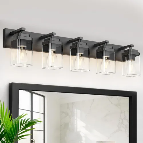 Miniatura 14 de Lámparas de baño de oro cepillado, 4 luces de baño sobre el espejo, diseño cuadrado y placa trasera grande rectangular, accesorios de iluminación