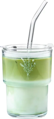 Miniatura 8 de Olvini Vaso de vidrio de 13 onzas con popote y tapa, vaso reutilizable para café helado, bonitas tazas de vidrio para agua, matcha, tazas de café