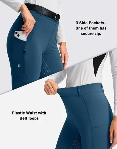 Miniatura 4 de SANTINY Pantalones de equitación para mujer con bolsillos con cremallera, mallas de asiento completo para la escuela, pantalones ecuestres