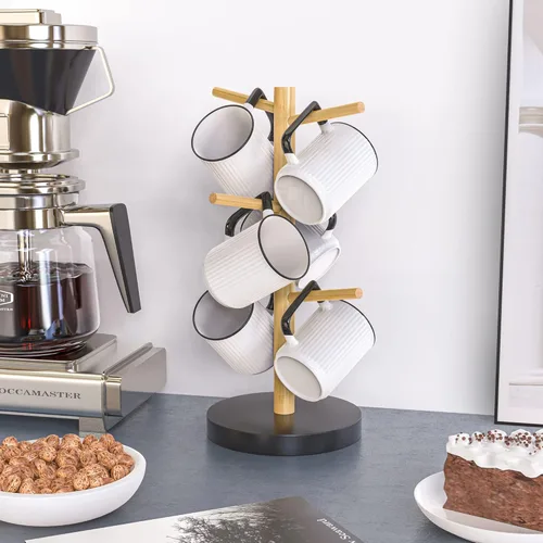 Miniatura 3 de Wisuce Soporte de bambú para tazas, base más gruesa, soporte para taza de café para mostrador, estante para tazas con 6 ganchos Base negra