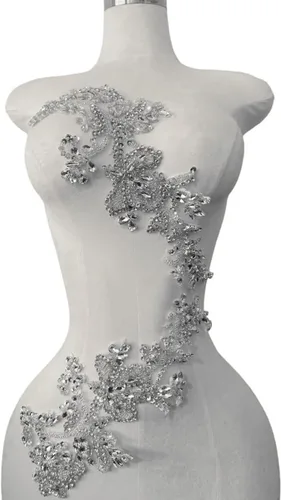 Miniatura 2 de Parches de apliques de encaje brillantes hechos a mano con cuentas de costura, lentejuelas y accesorios para vestido de novia, un par/bolsa Plata