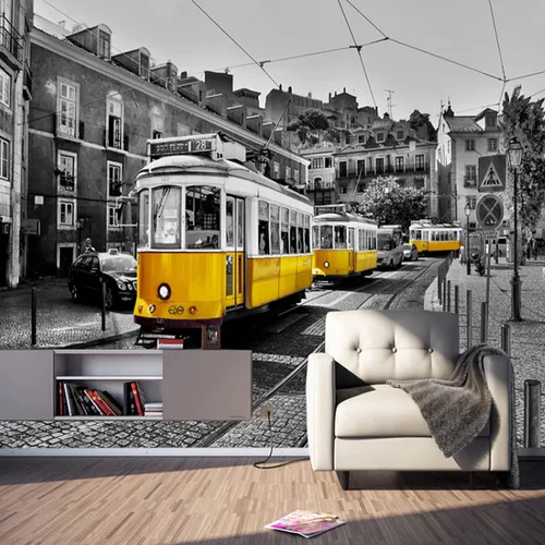 Papel tapiz 3D de calles europeas, papel tapiz panorámico extraíble, autobús amarillo, adecuado para decoración del hogar, sala de estar, pintura de