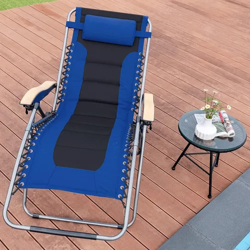 Miniatura 6 de Goplus Sillón plegable de gravedad cero, silla de patio reclinable acolchada de gran tamaño con reposabrazos de haya y almohada para la cabeza
