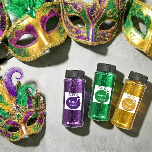 Miniatura 2 de Ceya Brillantina Mardi Gras, 6 colores, 4.23 onzas cada frasco de 1/24 pulgadas, para manualidades, para máscaras, sombreros, vasos de globo