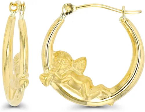 Aretes de aro de oro amarillo de 14 quilates con múltiples formas de cierre con bisagras, alas y corazón, paloma y querubín, aretes de oro macizo