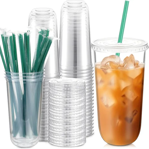 Miniatura 15 de Baderke Juego de 25 vasos de plástico con tapas y pajitas, tazas de plástico desechables para café helado, jugo, batido, cristal para cafeterías