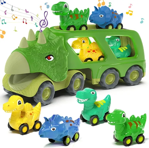 Juguetes de dinosaurio para niños de 2 a 4 años, camión transportador de automóvil de dinosaurio con 4 autos de dinosaurio de tracción hacia atrás,