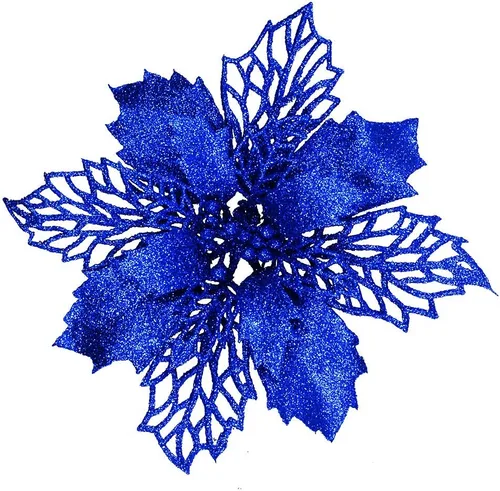 24 piezas de palitos de flores de Pascua artificiales de hojas de acebo de malla azul con purpurina, adornos para árbol de 5.9 pulgadas de ancho