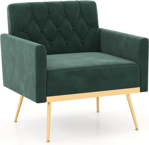 Giantex Silla decorativa moderna de terciopelo, silla individual tapizada de mediados de siglo con respaldo copetudo con botones, patas de metal