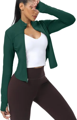 Miniatura 31 de AVGO Chaquetas de entrenamiento recortadas para mujer, con cremallera, ajustadas, atléticas, con agujeros para el pulgar