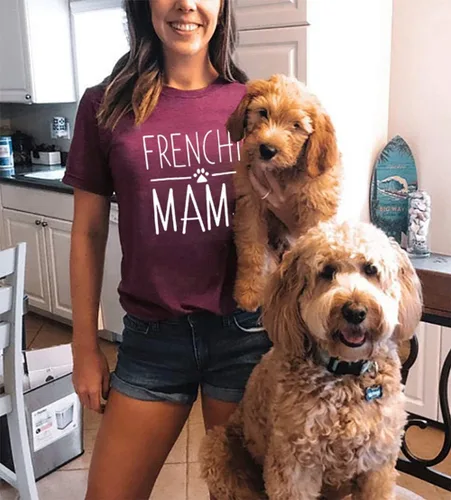 Miniatura 10 de Camiseta de manga corta con texto en inglés «Frenchie Mama», con estampado de letras para mujer, estilo casual