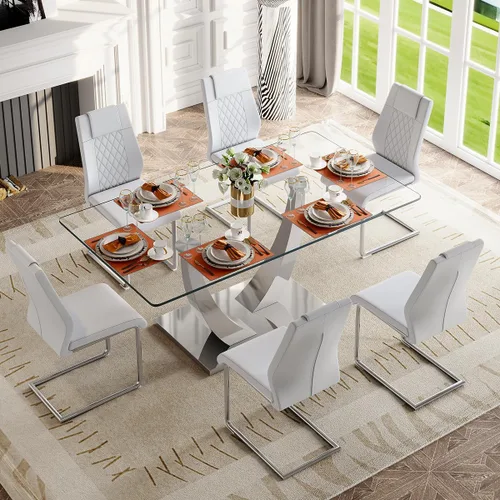 Miniatura 41 de Mesa de comedor moderna para mesa de comedor de mármol sintético de 4/6, 63 pulgadas, mesa de cocina rectangular, mesa de cocina y comedor de fácil