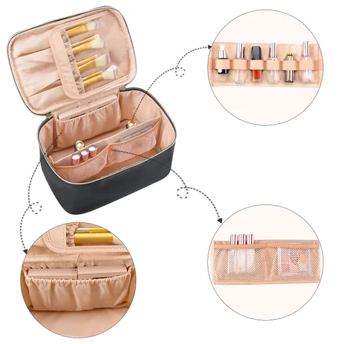 Miniatura 3 de OCHEAL Bolsa de maquillaje, bolsa de cosméticos portátil, organizador de maquillaje de viaje de gran capacidad, color negro para mujeres, bolsa