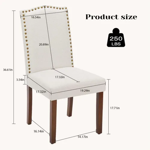 Miniatura 3 de Juego de 2 sillas de cocina modernas tapizadas de tela con ribete de clavos y soporte lumbar ergonómico para sala de estar y comedor rústico
